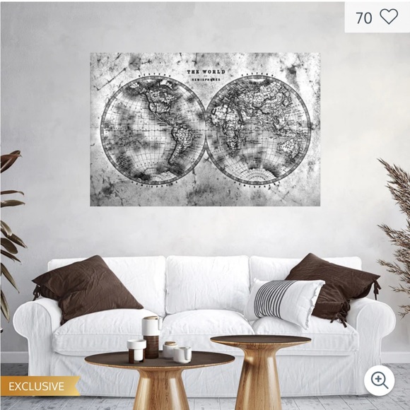 World Map Wall Art. Hemispheres Contrast World Map Wall Art 24x36 in - Picture 7 of 8